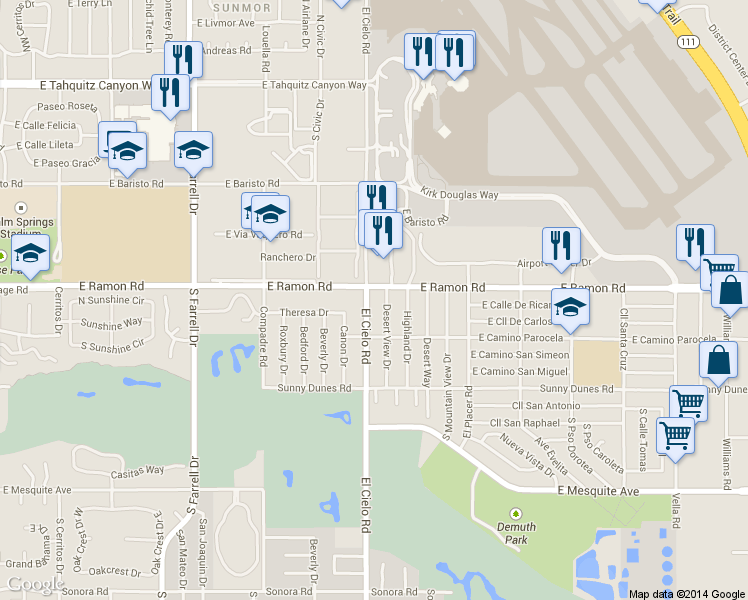 map of restaurants, bars, coffee shops, grocery stores, and more near in Palm Springs