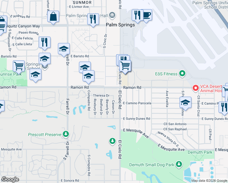 map of restaurants, bars, coffee shops, grocery stores, and more near in Palm Springs