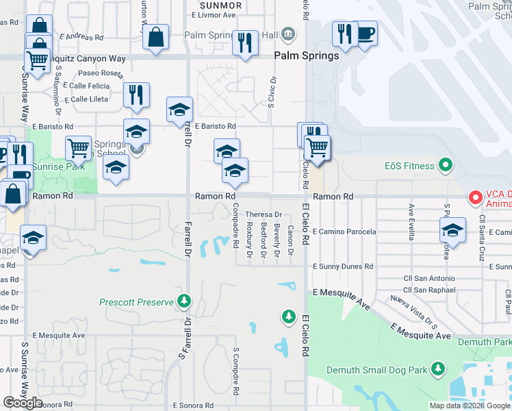 map of restaurants, bars, coffee shops, grocery stores, and more near 2900 Ramon Road in Palm Springs