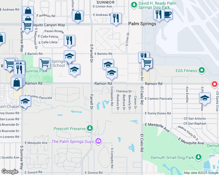 map of restaurants, bars, coffee shops, grocery stores, and more near in Palm Springs