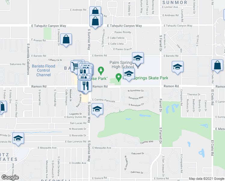 map of restaurants, bars, coffee shops, grocery stores, and more near 2033 Ramon Road in Palm Springs