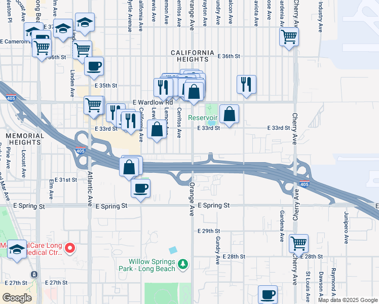 map of restaurants, bars, coffee shops, grocery stores, and more near 3237 Orange Avenue in Signal Hill