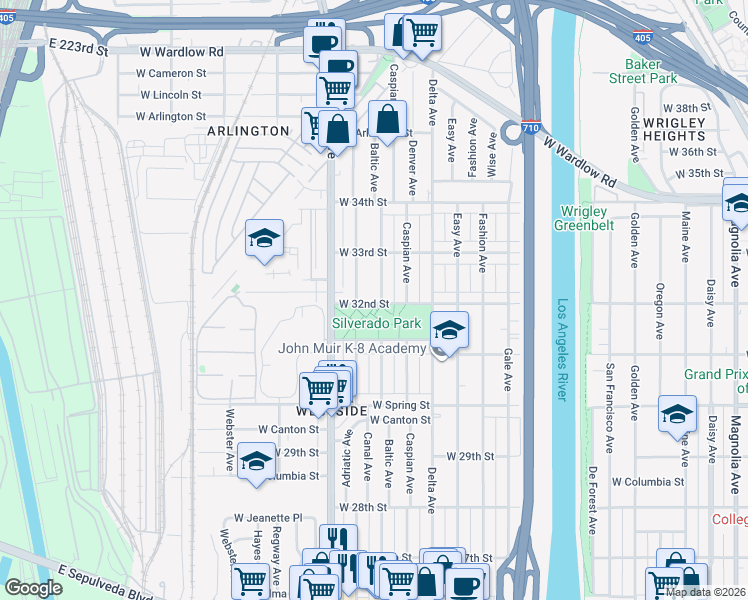 map of restaurants, bars, coffee shops, grocery stores, and more near 3235 Baltic Avenue in Long Beach
