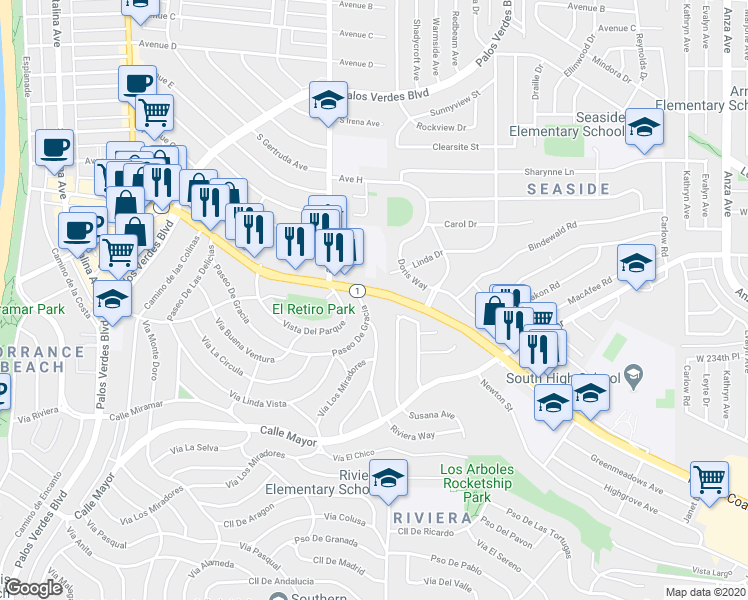 map of restaurants, bars, coffee shops, grocery stores, and more near 1920 South Pacific Coast Highway in Redondo Beach