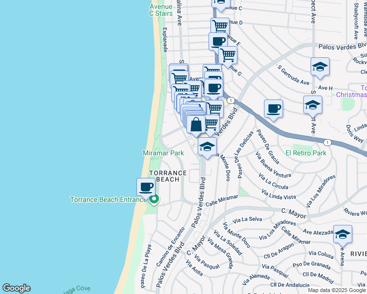 map of restaurants, bars, coffee shops, grocery stores, and more near 109 Paseo De La Playa in Redondo Beach