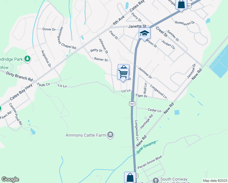 map of restaurants, bars, coffee shops, grocery stores, and more near 6 Johnson Street in Conway