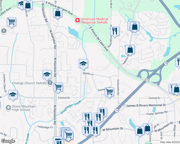 map of restaurants, bars, coffee shops, grocery stores, and more near 5855 East Ponce de Leon Avenue in Stone Mountain