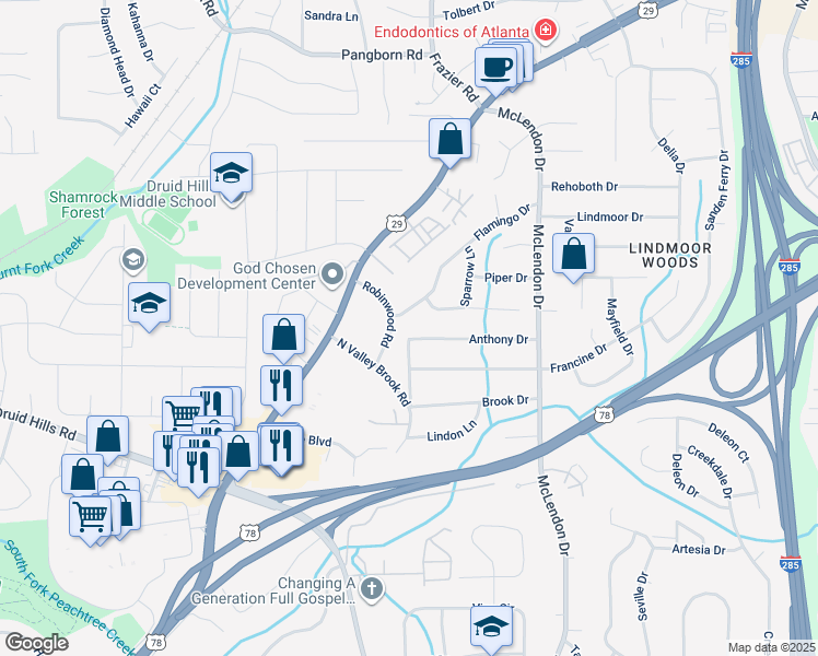 map of restaurants, bars, coffee shops, grocery stores, and more near 3017 Flamingo Drive in Decatur