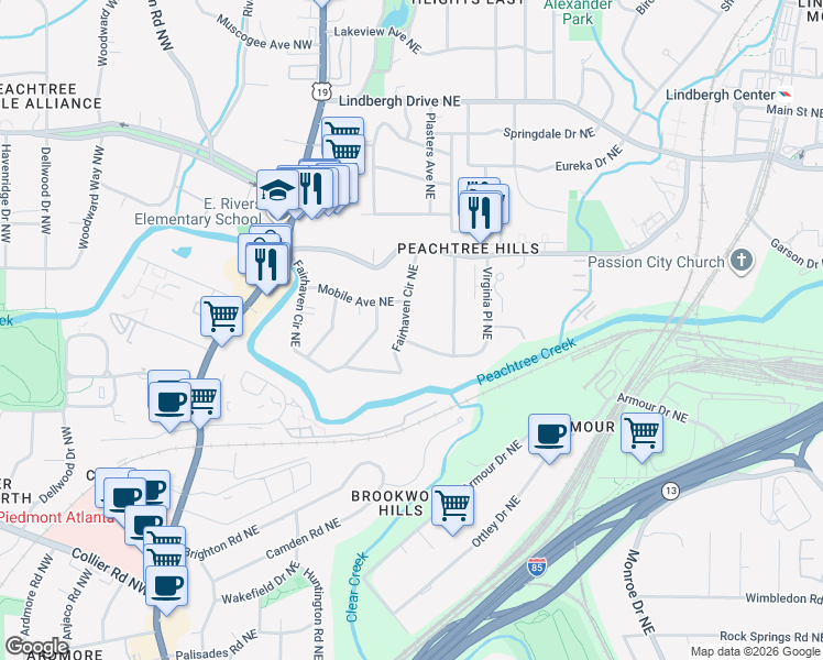 map of restaurants, bars, coffee shops, grocery stores, and more near 2241 Fairhaven Circle Northeast in Atlanta