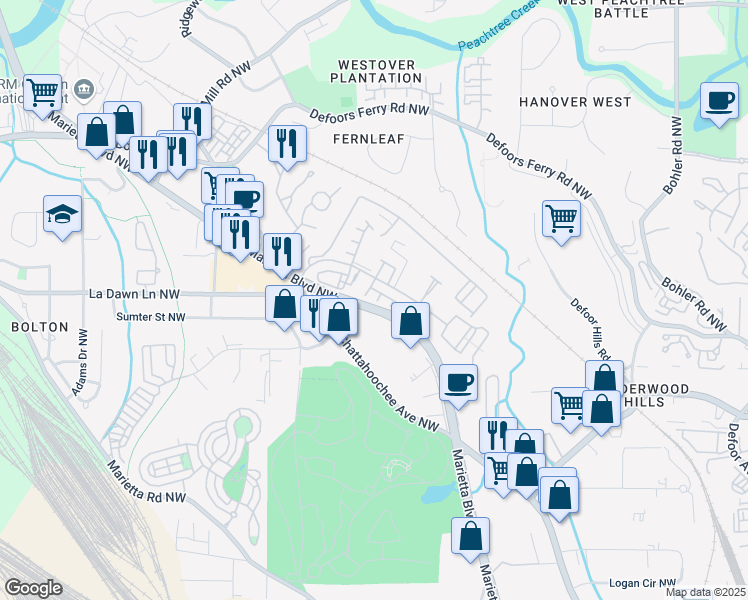 map of restaurants, bars, coffee shops, grocery stores, and more near 1030 Burnside Lane Northwest in Atlanta