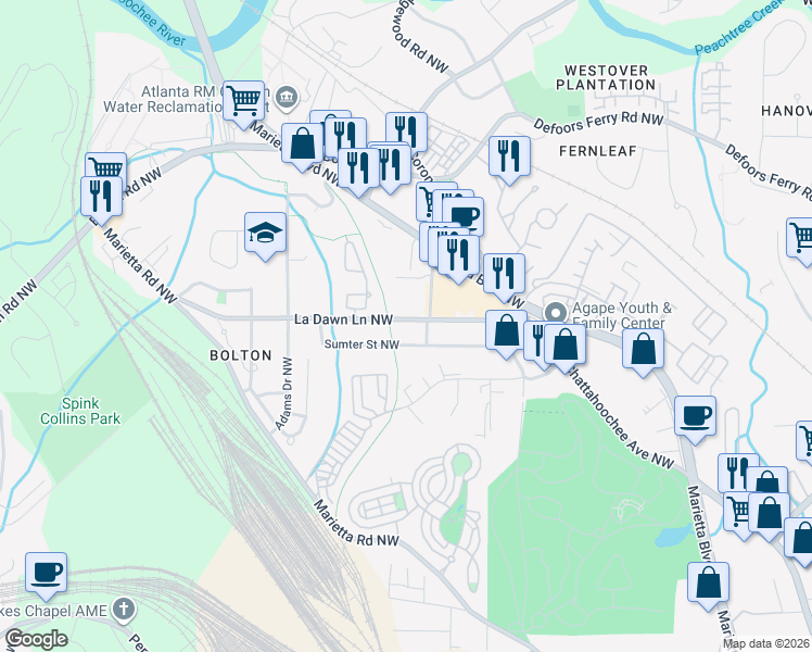 map of restaurants, bars, coffee shops, grocery stores, and more near 1905 La Dawn Lane Northwest in Atlanta