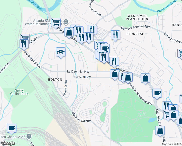 map of restaurants, bars, coffee shops, grocery stores, and more near 1905 La Dawn Lane Northwest in Atlanta