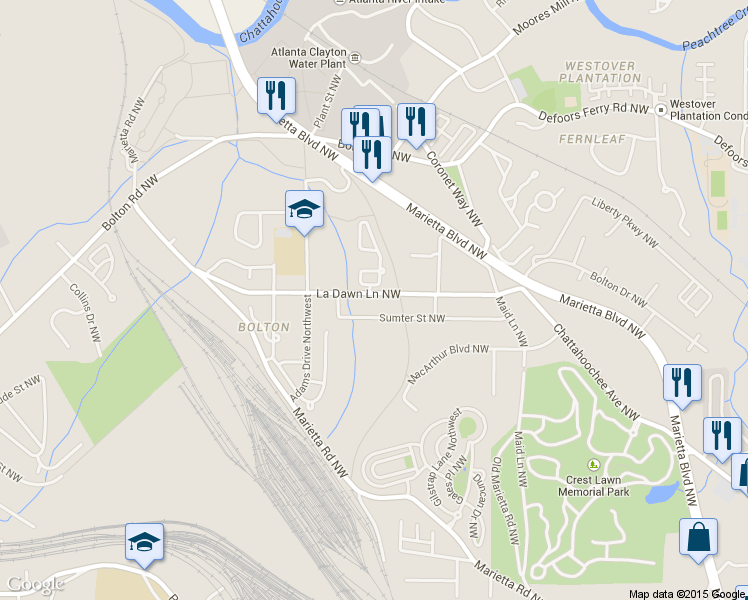 map of restaurants, bars, coffee shops, grocery stores, and more near 1960 La Dawn Lane Northwest in Atlanta