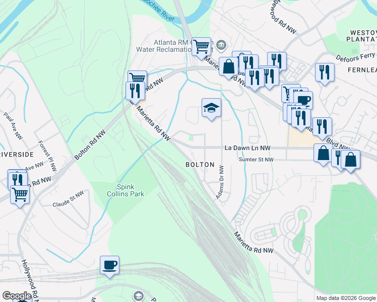 map of restaurants, bars, coffee shops, grocery stores, and more near 2145 La Dawn Lane Northwest in Atlanta