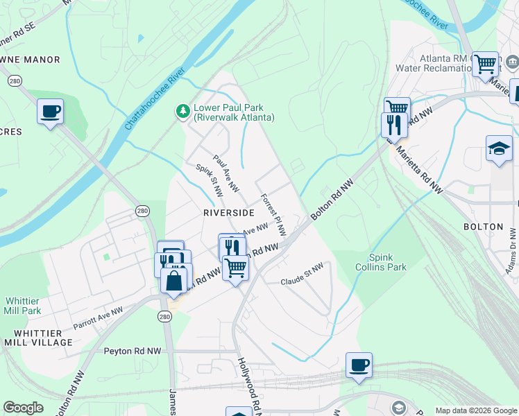 map of restaurants, bars, coffee shops, grocery stores, and more near 2517 Edwards Drive Northwest in Atlanta
