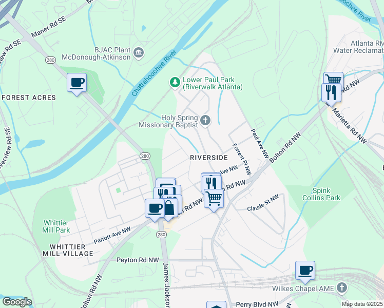 map of restaurants, bars, coffee shops, grocery stores, and more near 2167 Main Street Northwest in Atlanta