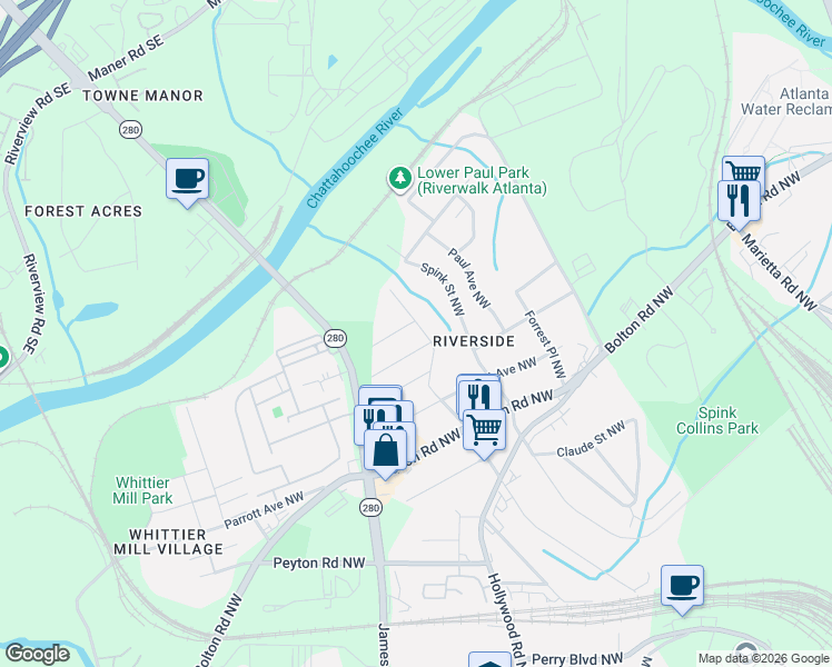 map of restaurants, bars, coffee shops, grocery stores, and more near 2179 Main Street Northwest in Atlanta