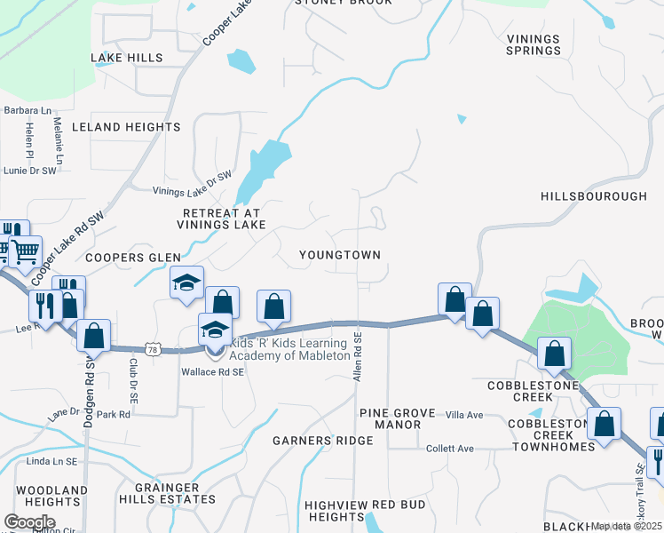map of restaurants, bars, coffee shops, grocery stores, and more near 276 Vinings Retreat View Southwest in Mableton