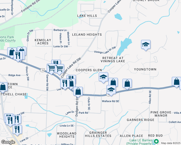 map of restaurants, bars, coffee shops, grocery stores, and more near 5679 Coopers Glen Court Southwest in Mableton