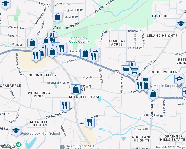map of restaurants, bars, coffee shops, grocery stores, and more near 5650 Glore Drive Southwest in Mableton