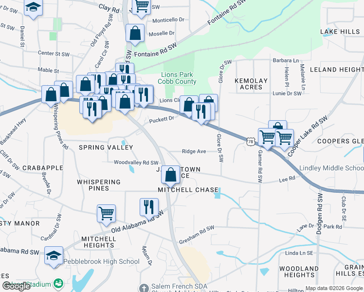 map of restaurants, bars, coffee shops, grocery stores, and more near 568 Ridge Avenue in Mableton
