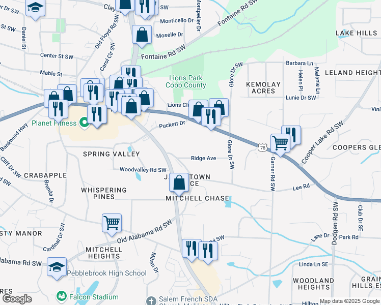 map of restaurants, bars, coffee shops, grocery stores, and more near 568 Ridge Avenue in Mableton