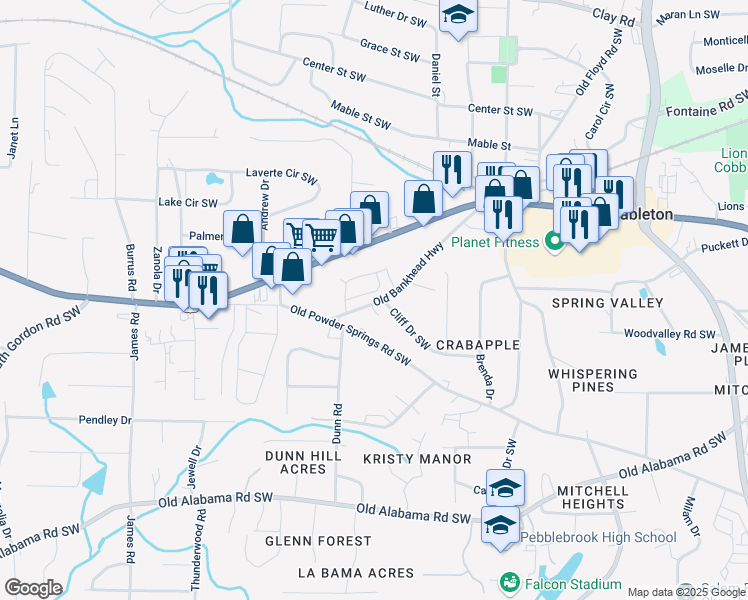 map of restaurants, bars, coffee shops, grocery stores, and more near 5641 Hislop Lane in Mableton
