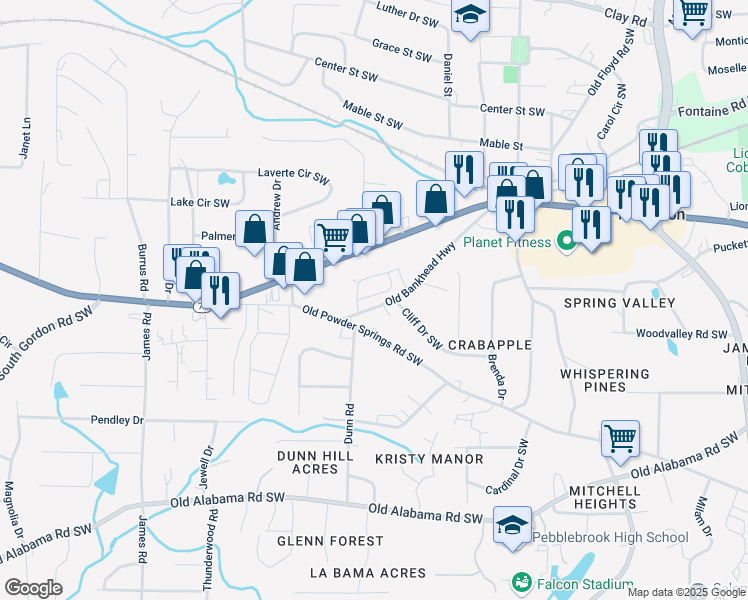 map of restaurants, bars, coffee shops, grocery stores, and more near 5623 Hislop Lane in Mableton