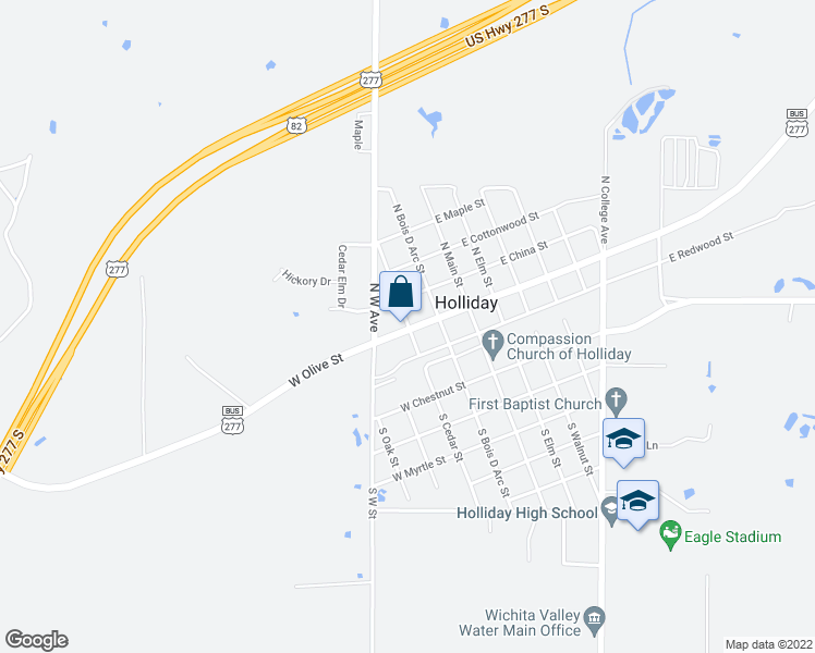 map of restaurants, bars, coffee shops, grocery stores, and more near 206 West Olive Street in Holliday