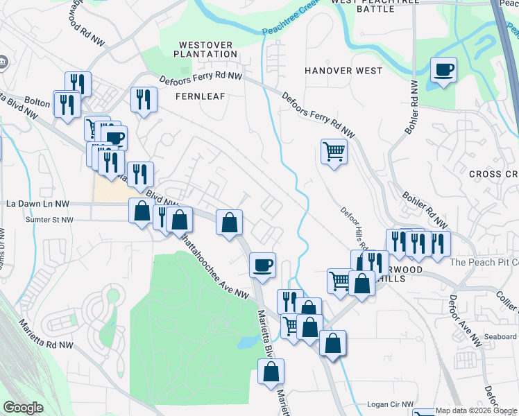 map of restaurants, bars, coffee shops, grocery stores, and more near 2121 Bolton Drive Northwest in Atlanta