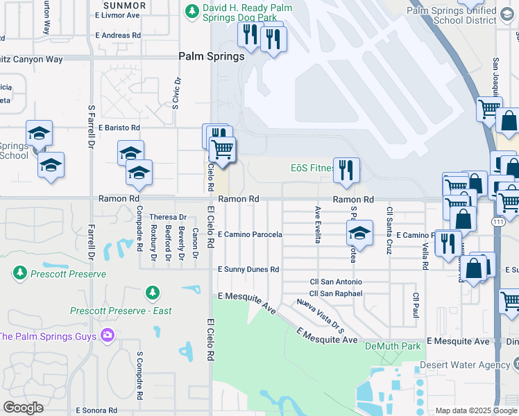 map of restaurants, bars, coffee shops, grocery stores, and more near 516 Desert Way in Palm Springs
