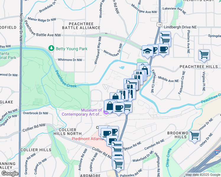 map of restaurants, bars, coffee shops, grocery stores, and more near 100 Biscayne Drive Northwest in Atlanta