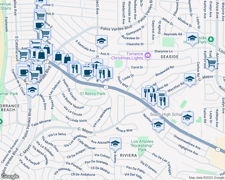 map of restaurants, bars, coffee shops, grocery stores, and more near 5816 South Pacific Coast Highway in Redondo Beach