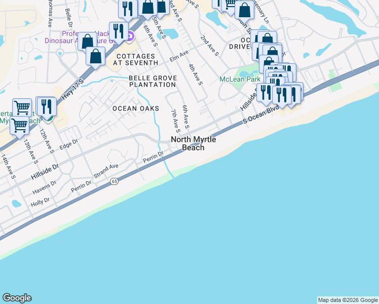 map of restaurants, bars, coffee shops, grocery stores, and more near 600-S South Ocean Boulevard in North Myrtle Beach