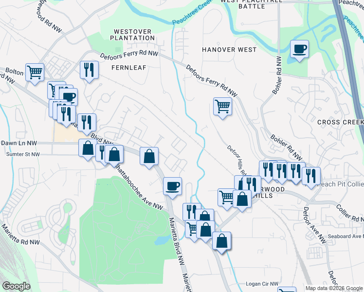 map of restaurants, bars, coffee shops, grocery stores, and more near 3002 Liberty Way Northwest in Atlanta