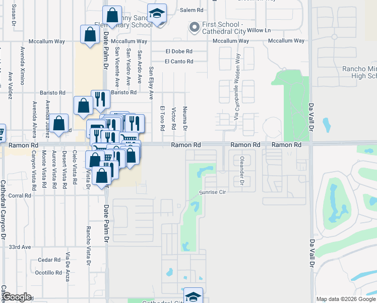map of restaurants, bars, coffee shops, grocery stores, and more near 69510 Ramon Road in Cathedral City