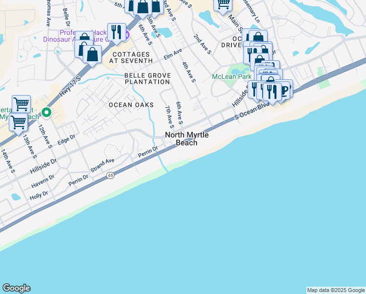 map of restaurants, bars, coffee shops, grocery stores, and more near 600-S South Ocean Boulevard in North Myrtle Beach
