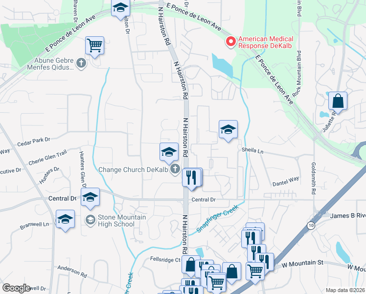 map of restaurants, bars, coffee shops, grocery stores, and more near 1299 Old Countryside Circle in Stone Mountain