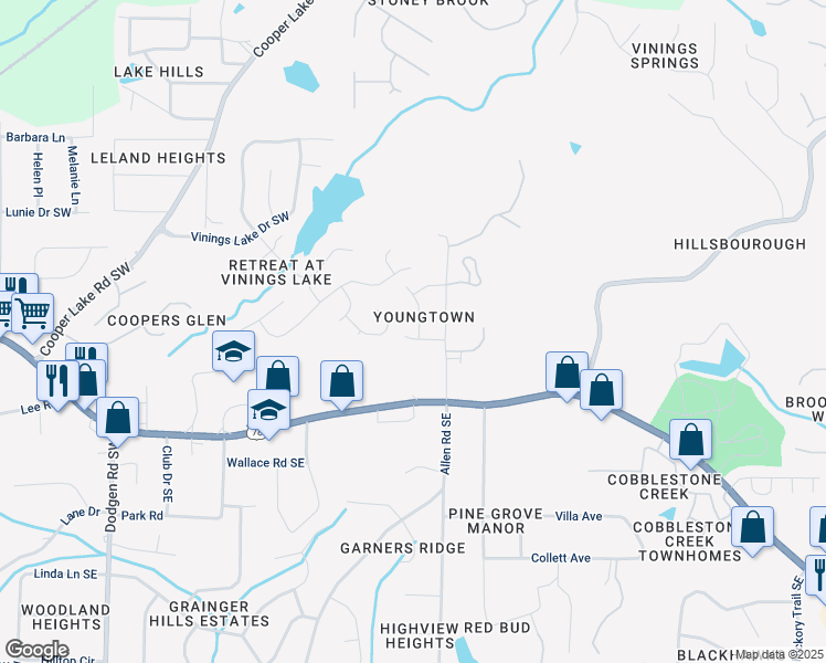 map of restaurants, bars, coffee shops, grocery stores, and more near 276 Vinings Retreat View Southwest in Mableton