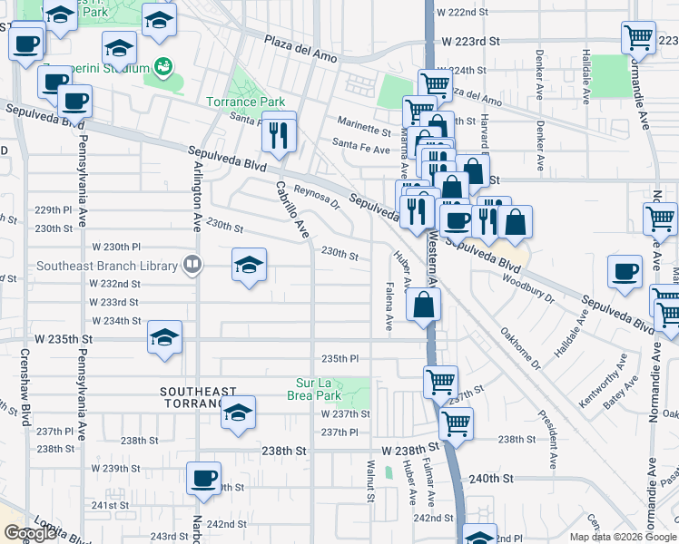 map of restaurants, bars, coffee shops, grocery stores, and more near 1950 West 231st Street in Torrance