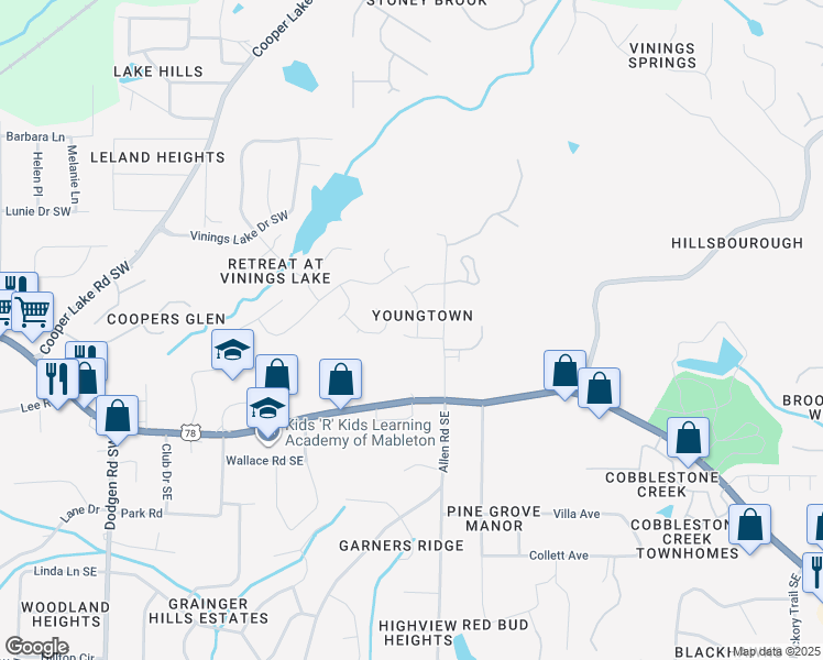 map of restaurants, bars, coffee shops, grocery stores, and more near 276 Vinings Retreat View Southwest in Mableton