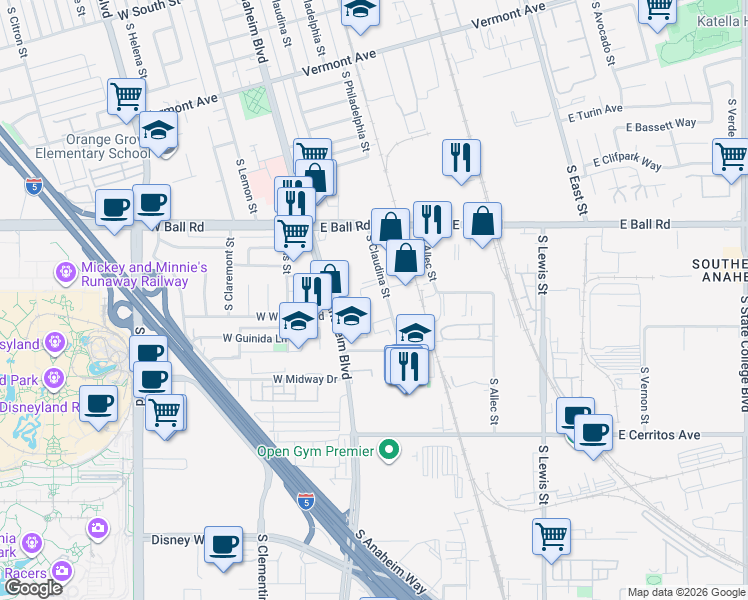 map of restaurants, bars, coffee shops, grocery stores, and more near 1304 South Claudina Street in Anaheim