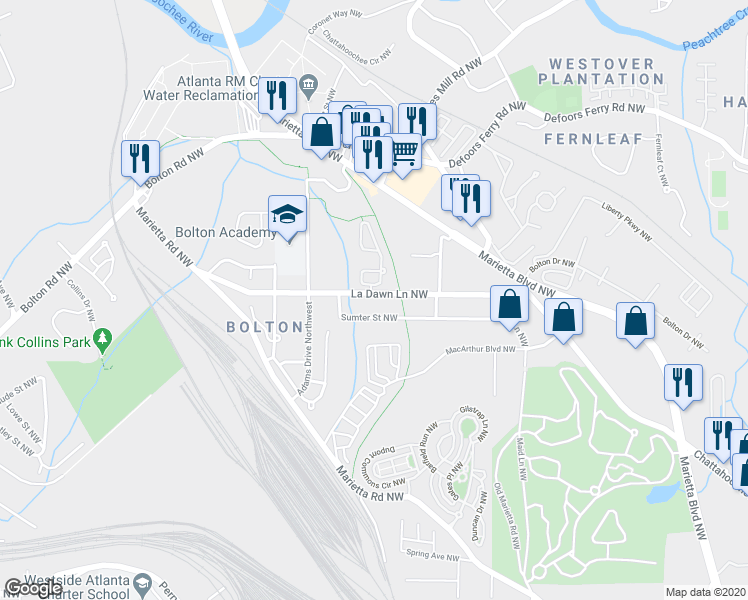 map of restaurants, bars, coffee shops, grocery stores, and more near 1960 La Dawn Lane Northwest in Atlanta