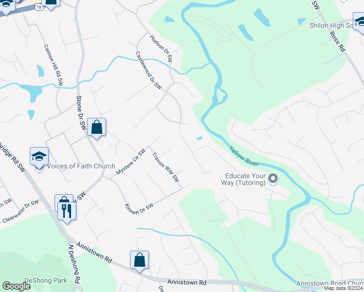 map of restaurants, bars, coffee shops, grocery stores, and more near 4927 Castlewood Drive Southwest in Lilburn