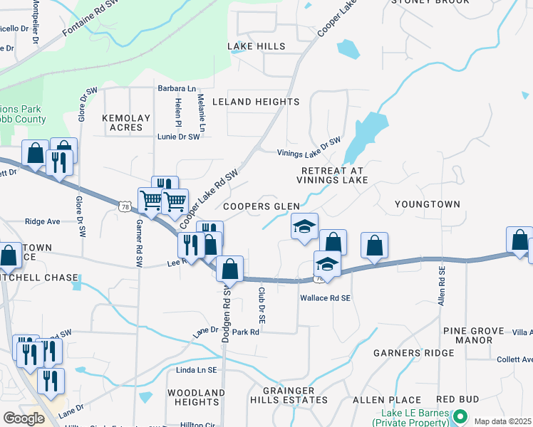 map of restaurants, bars, coffee shops, grocery stores, and more near 5679 Coopers Glen Court Southwest in Mableton