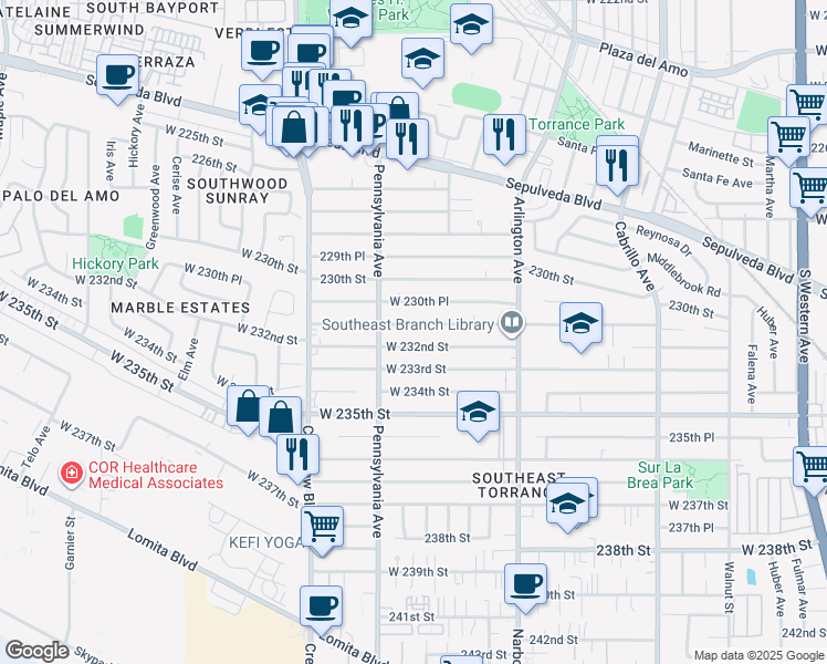 map of restaurants, bars, coffee shops, grocery stores, and more near 2346 231st Street in Torrance