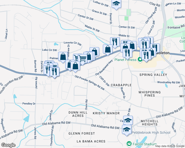 map of restaurants, bars, coffee shops, grocery stores, and more near 5623 Hislop Lane in Mableton