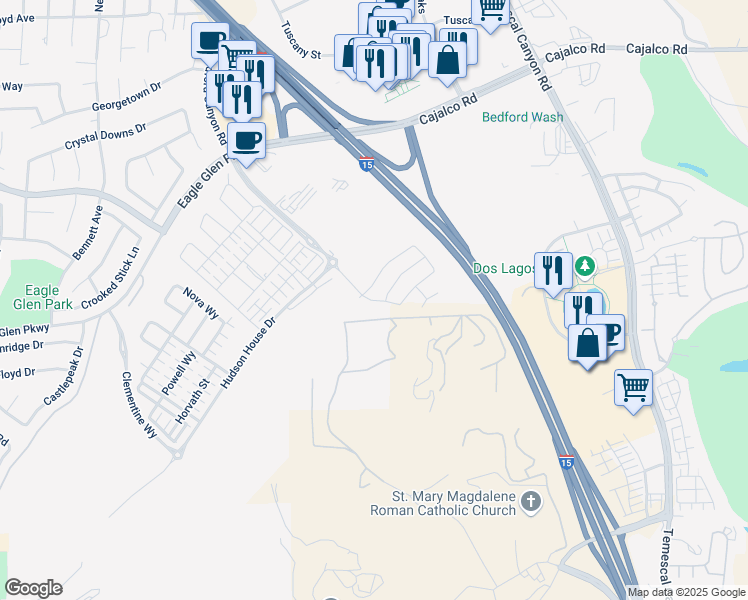map of restaurants, bars, coffee shops, grocery stores, and more near Bridgetide Road in Corona
