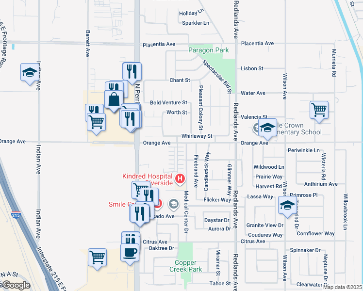 map of restaurants, bars, coffee shops, grocery stores, and more near 174 Linden Court in Perris