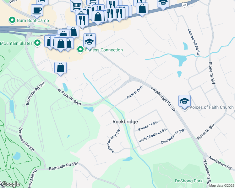 map of restaurants, bars, coffee shops, grocery stores, and more near 2425 West Park Place Boulevard in Stone Mountain